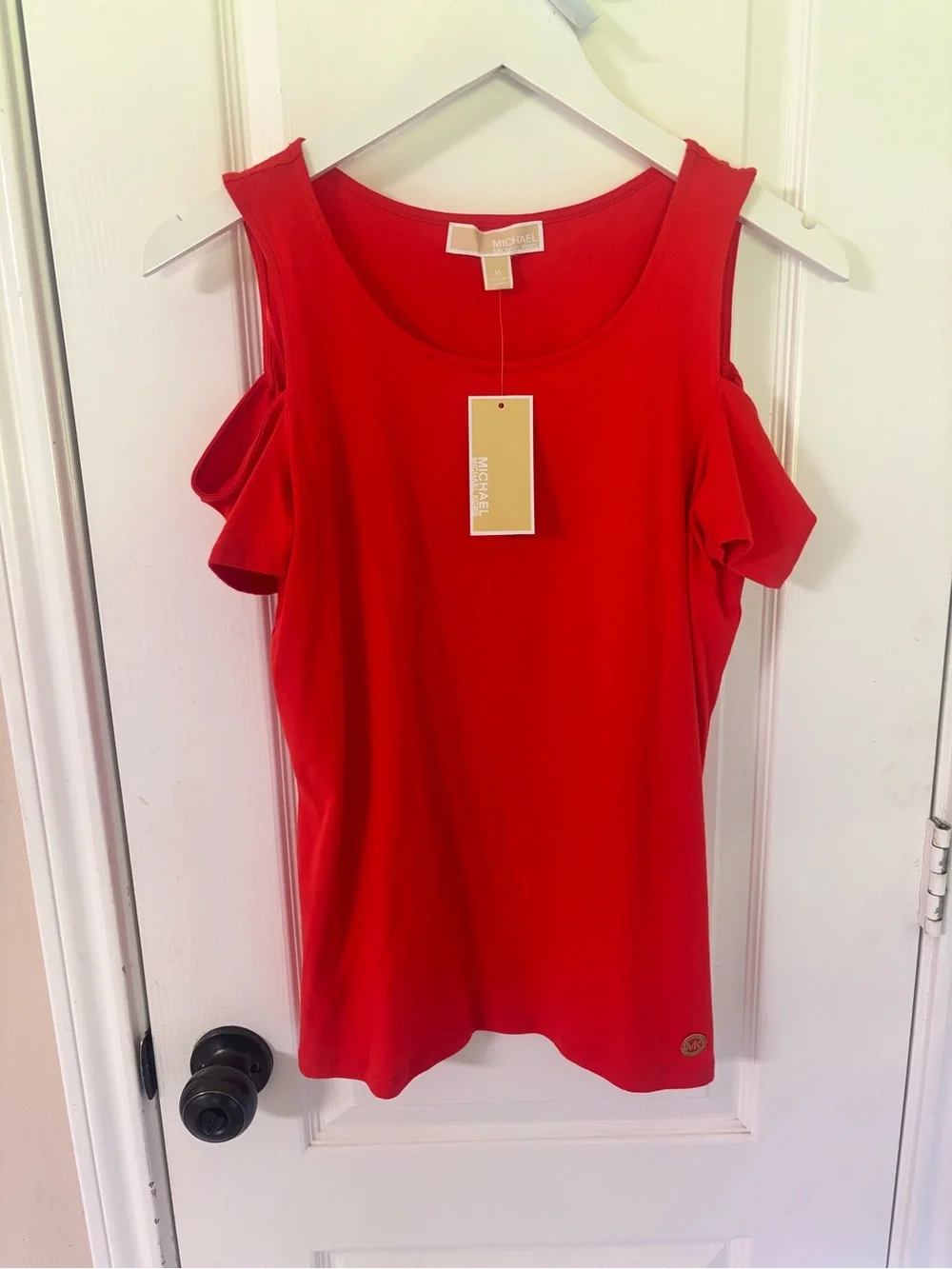 NWT Michael Kors Red‎ Cold-Shoulder Cut Out Cotton Top Medium Shirt